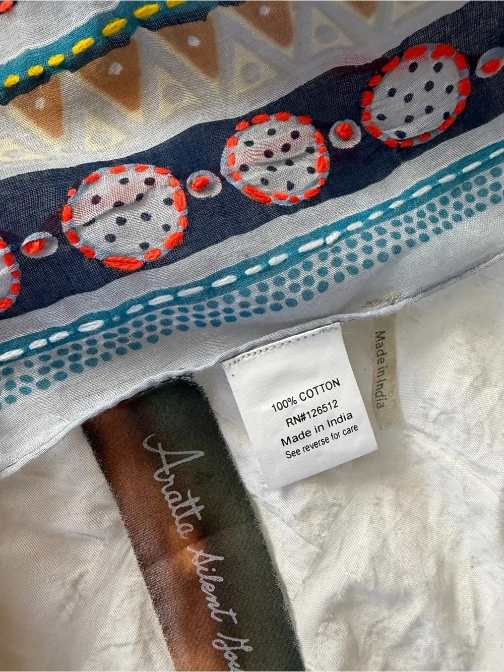NWT Aratta Silent Journey Mulitcolor Cotton Scarf With Patterns and Embroidery